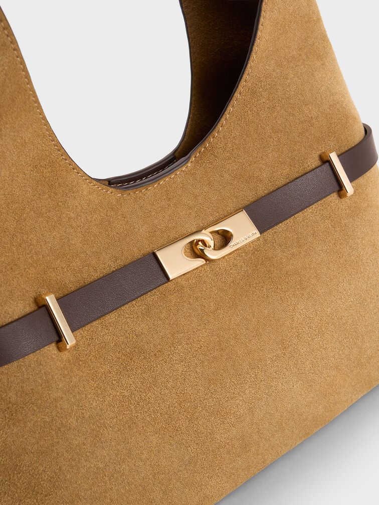 Arlet Recycled Suede Metallic-Accent Belted Hobo Bag, Sahara Sand, hi-res