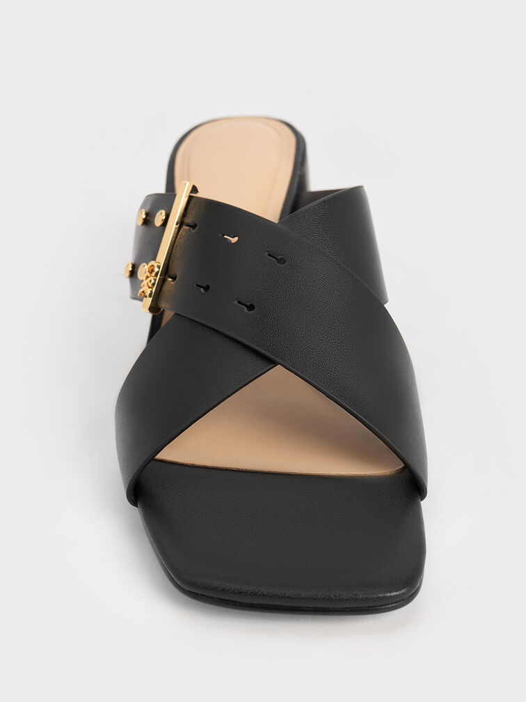 Leather Crossover Block Heel Mules, Black, hi-res