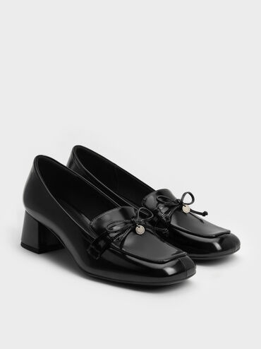 Circle-Charm Bow Loafer Pumps, Black Boxed, hi-res