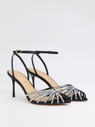 Jaylene Gem Peep-Toe Stiletto Sandals, Black Textured, hi-res
