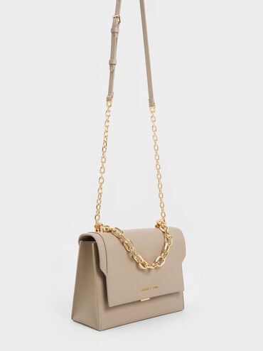 Front Flap Chain Handle Crossbody Bag, Taupe, hi-res