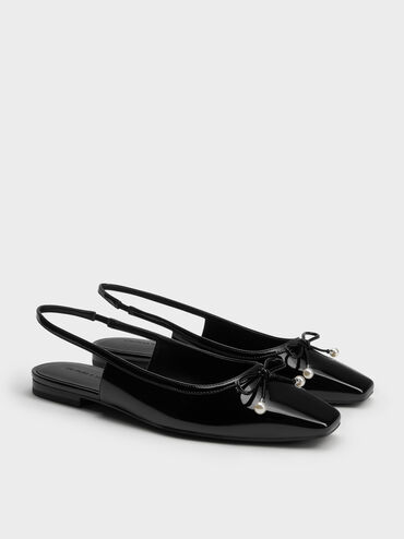 Barbara Patent Pearl-Bow Slingback Flats, Black Patent, hi-res
