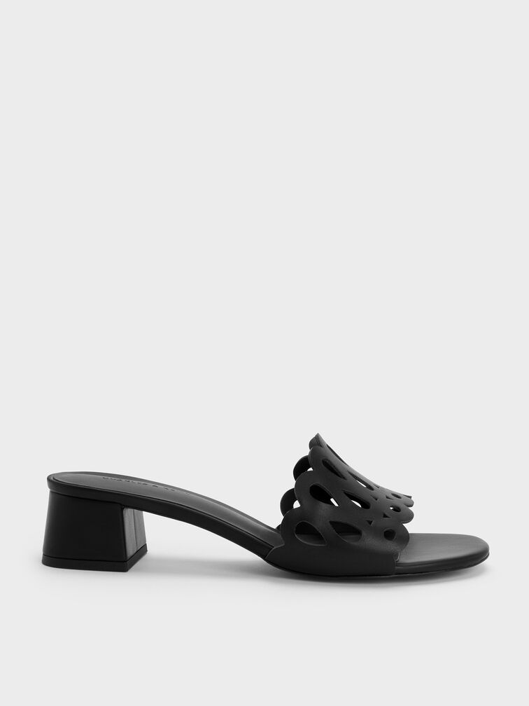 Cut-Out Block-Heel Mules, Black, hi-res