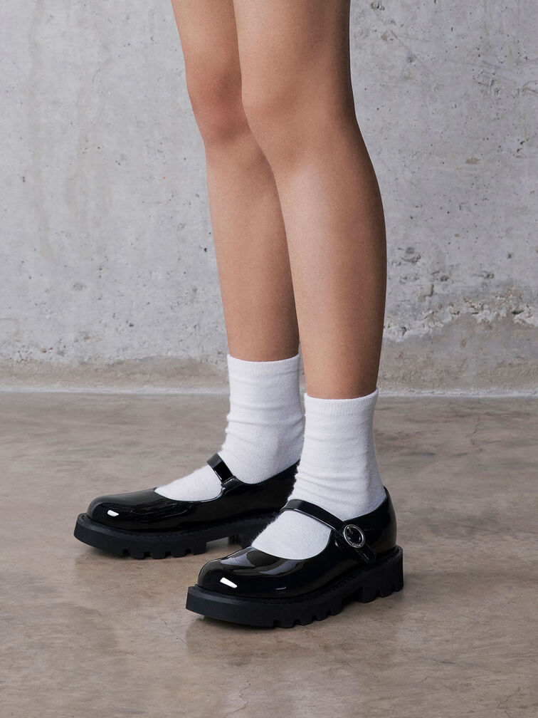 Giày búp bê bé gái Patent Platform Mary Janes, Đen bóng, hi-res