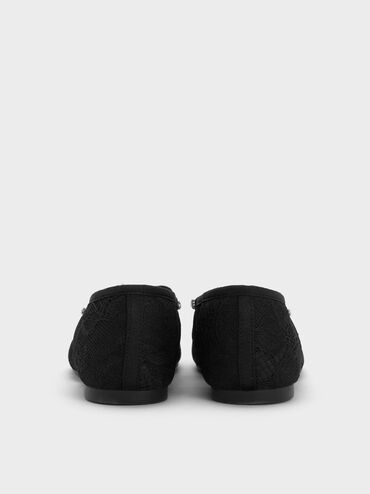 Giày búp bê mũi tròn Lace Crystal, Đen họa tiết, hi-res