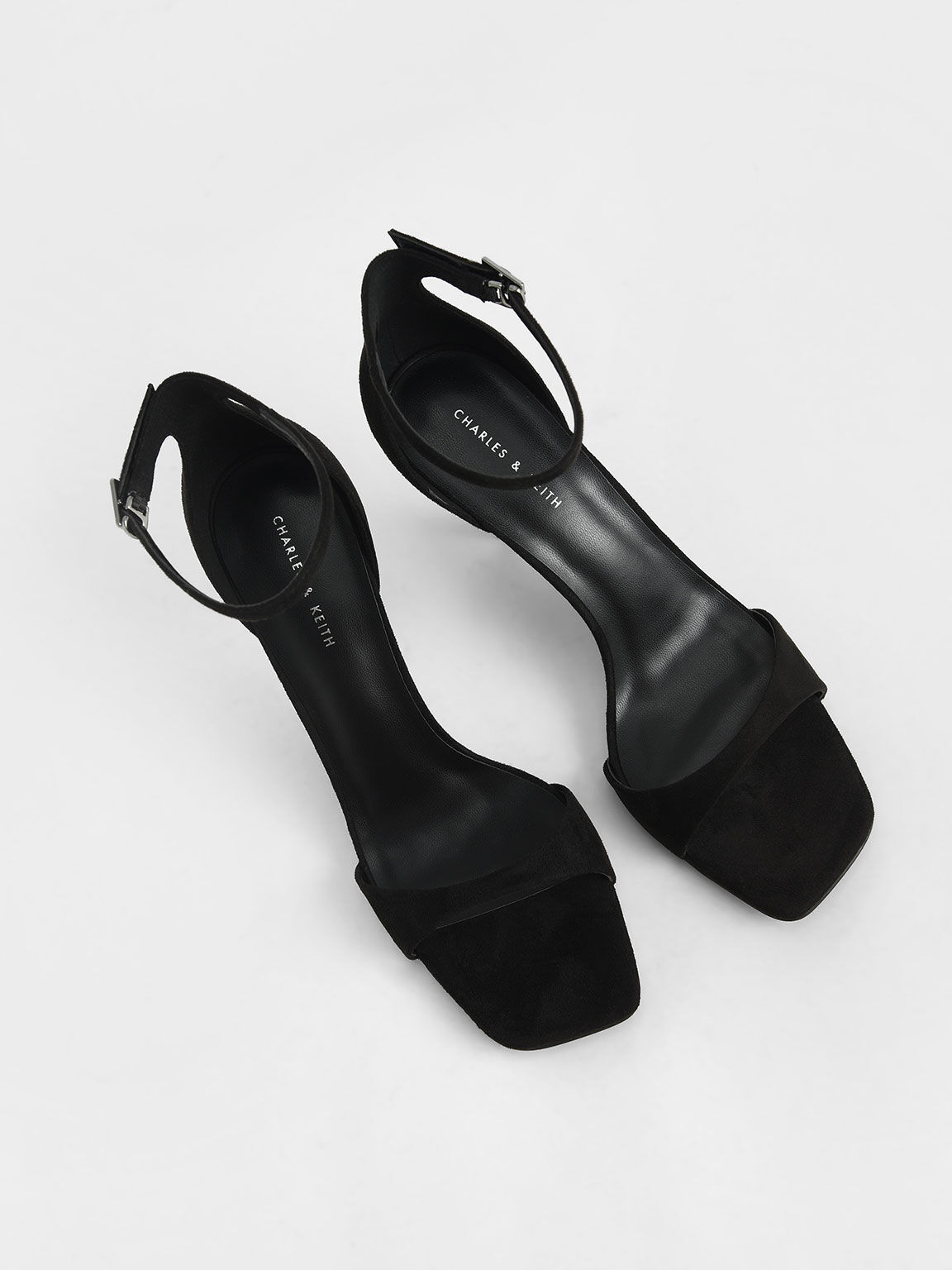 Textured Ankle Strap Heeled Sandals, Black, hi-res