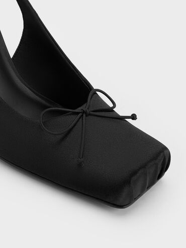 Satin Ruched Stiletto Slingback Pumps, Black Textured, hi-res