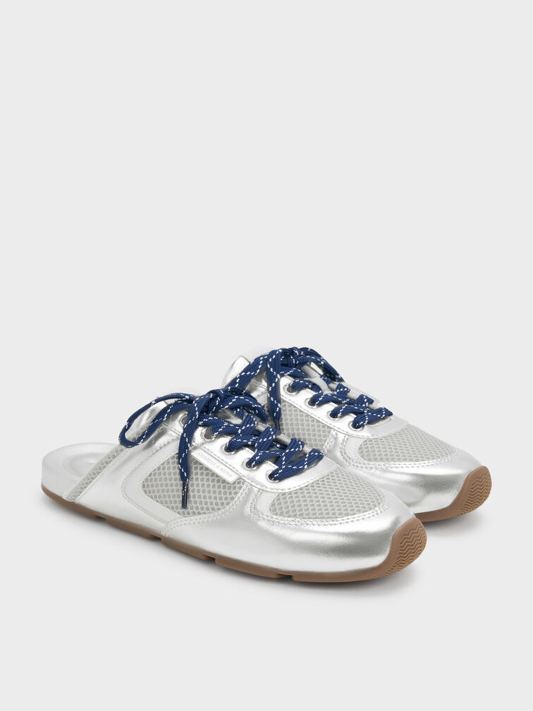 Metallic Mesh Patterned-Lace Slip-On Sneakers, Silver, hi-res