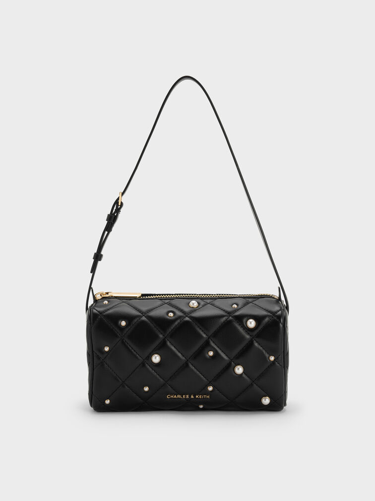 Janie Quilted Pearl Shoulder Bag, Black, hi-res