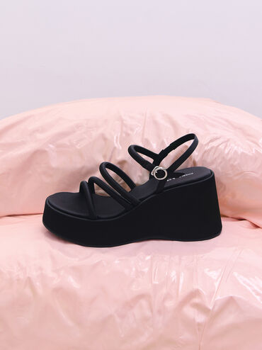 Gi&agrave;y sandals đế xuồng Lindon Satin, Đen họa tiết, hi-res