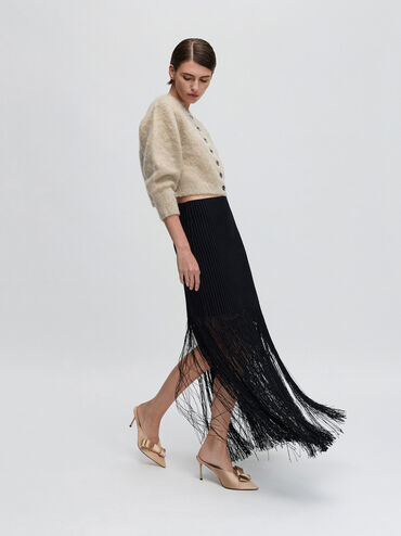 Pleated-Bow Pointed Heeled Mules, Nude, hi-res