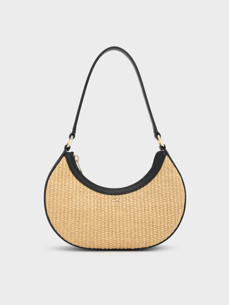 Leather & Raffia Crescent Hobo Bag, Neutral Raffia, hi-res
