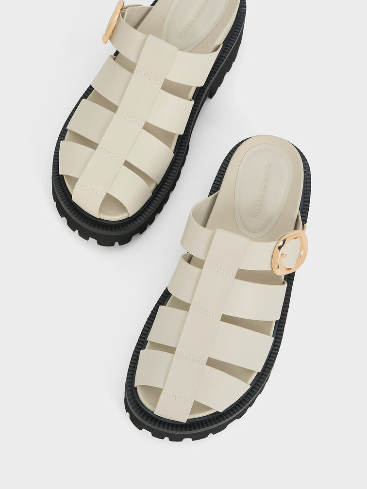 Gi&agrave;y mules mũi tr&ograve;n Interwoven Oval-Buckle, Phấn, hi-res