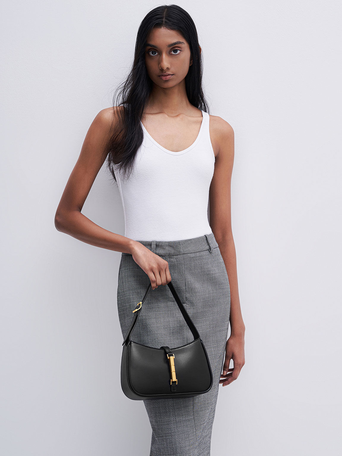 Black Cesia Metallic Accent Shoulder Bag CHARLES & KEITH VN