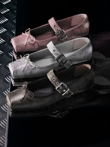 Giày búp bê mũi vuông Myler Crinkle-Effect, Xám nhạt, hi-res