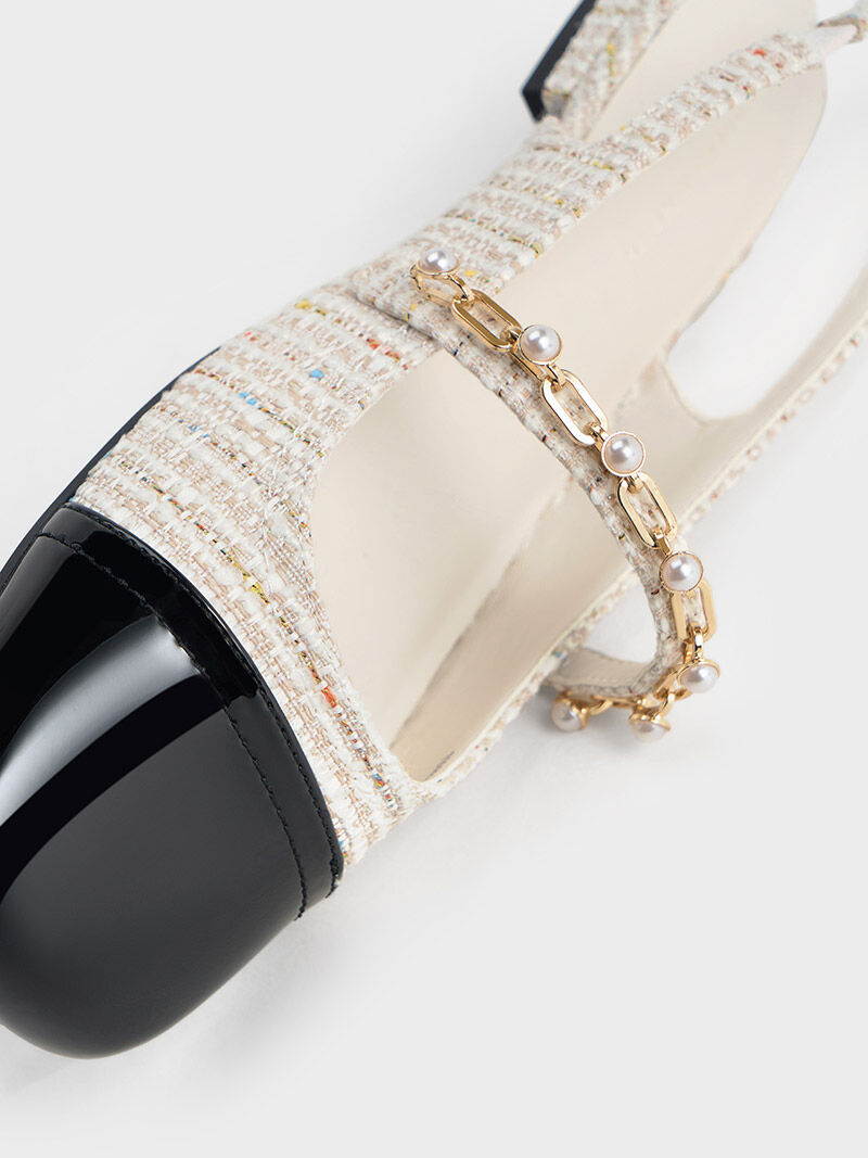Rio Tweed Beaded Chain-Link Slingback Flats - Cream - CHARLES