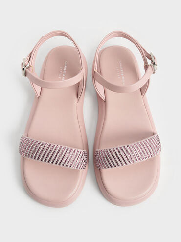 Girls' Pearl & Crystal-Embellished Puffy Ankle-Strap Sandals, Light Pink, hi-res