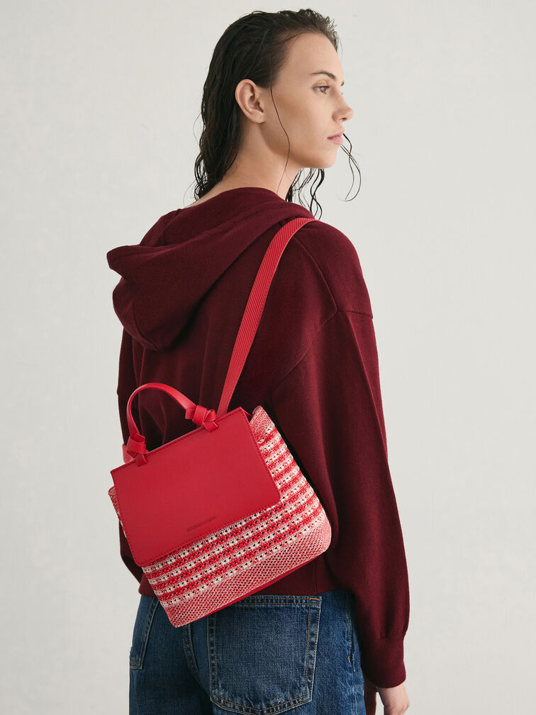 Girls' Ida Knitted Gingham Backpack, Gingham Red, hi-res