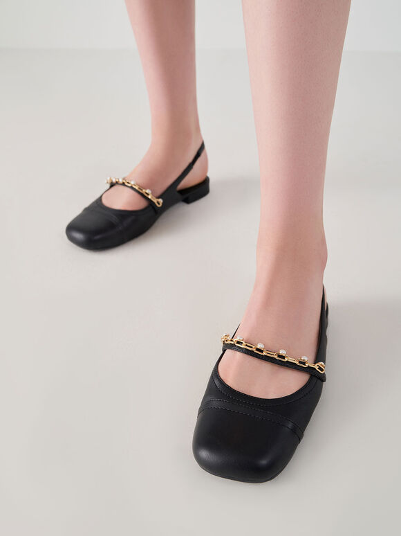 Giày búp bê nữ mũi vuông hở gót Beaded Chain Link, Đen, hi-res