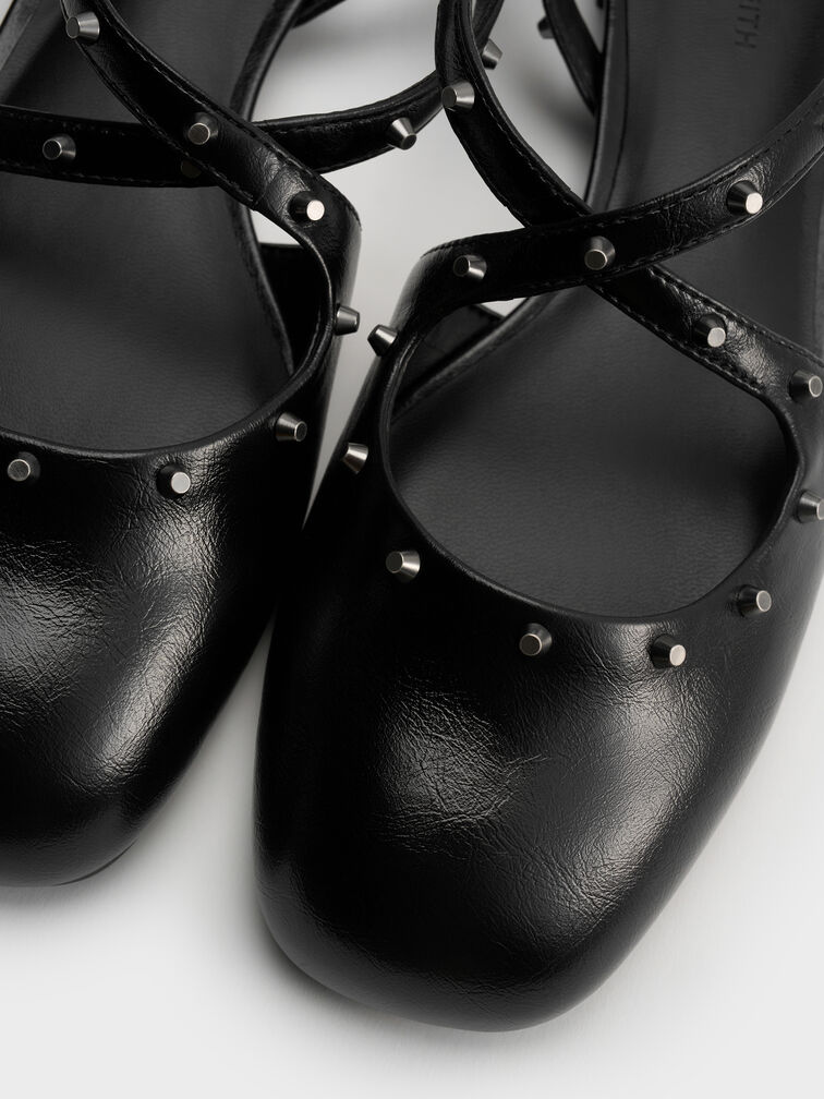 Gi&agrave;y sandals mũi vu&ocirc;ng Studded Crossover, Đen, hi-res