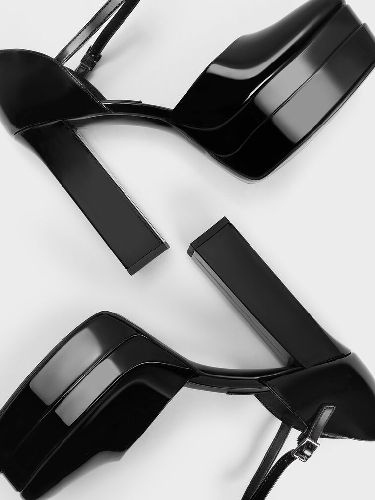 Giày cao gót mũi vuông Patent Platform D'Orsay, Đen bóng, hi-res