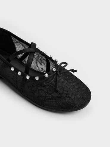 Giày búp bê mũi tròn Lace Crystal, Đen họa tiết, hi-res