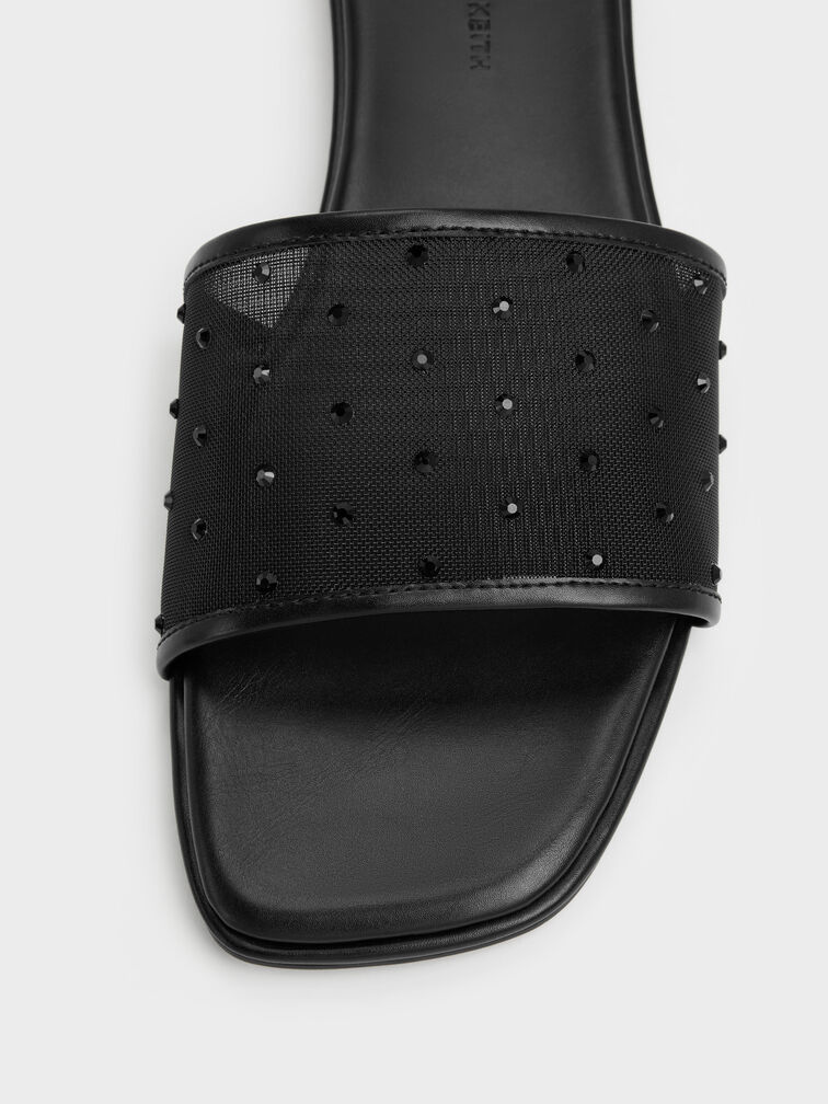 Mesh Crystal Slide Sandals, Black Textured, hi-res