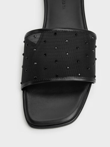 Mesh Crystal Slide Sandals, Black Textured, hi-res