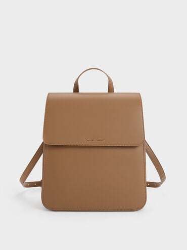 Front Flap Structured Backpack, Brown, hi-res