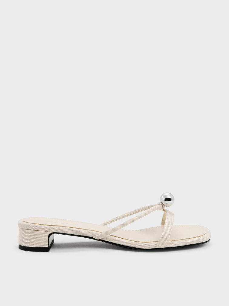 Georgie Linen Metal-Ball Heeled Mules, Chalk, hi-res