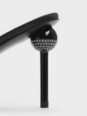 Satin Crystal-Embellished Ball-Heel Mules, Black Textured, hi-res