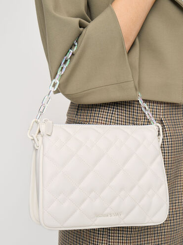 Túi đeo vai nữ phom chữ nhật chần bông Lana Quilted, Trắng, hi-res