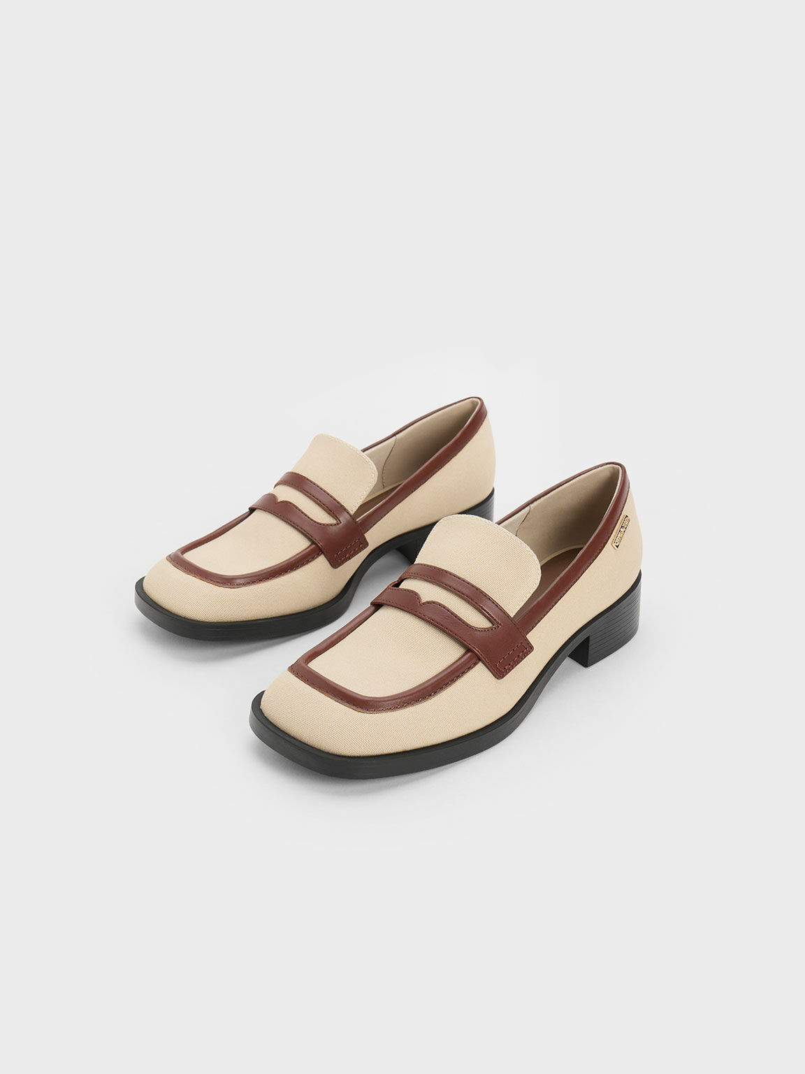 Canvas Cut-Out Penny Loafers, Beige, hi-res
