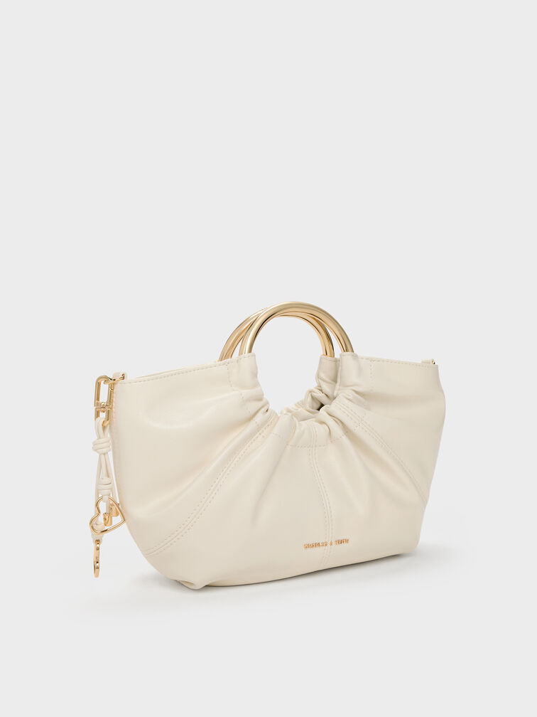 Ciara Ruched Metal Top Handle Bag, Cream, hi-res