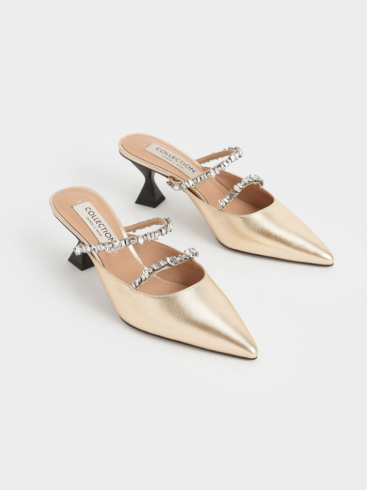 Metallic Leather Double Gem Strap Mules, Gold, hi-res