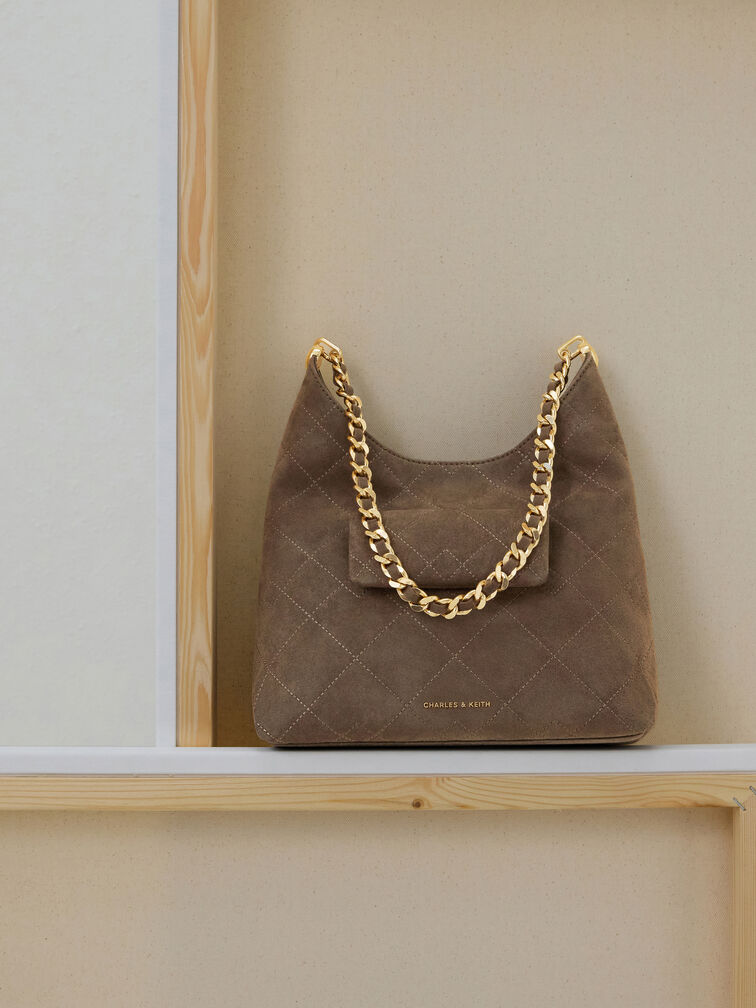 Duo Quilted Front-Pocket Chain Hobo Bag, Stone Grey, hi-res