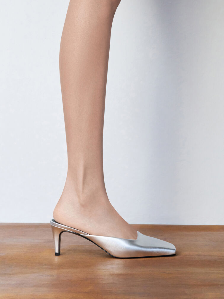 Gi&agrave;y cao g&oacute;t mules Metallic Square-Toe, Bạc, hi-res