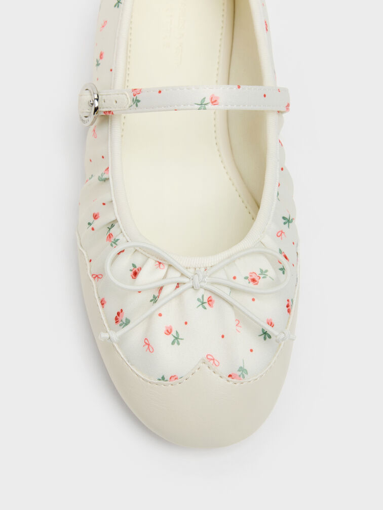 Girls' Satin Printed Bow Mary Jane Flats, Chalk, hi-res