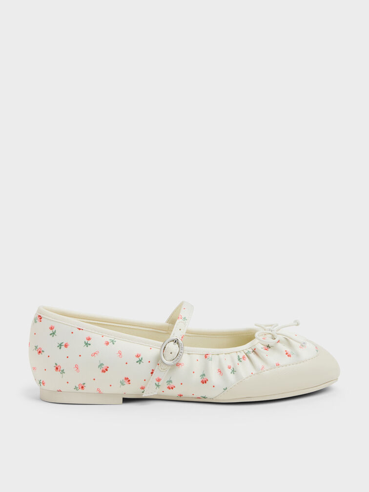 Girls' Satin Printed Bow Mary Jane Flats, Chalk, hi-res