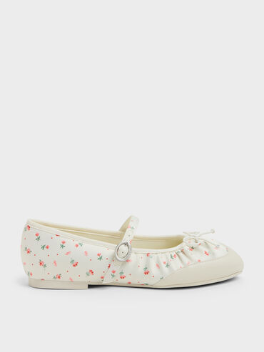 Girls' Satin Printed Bow Mary Jane Flats, Chalk, hi-res