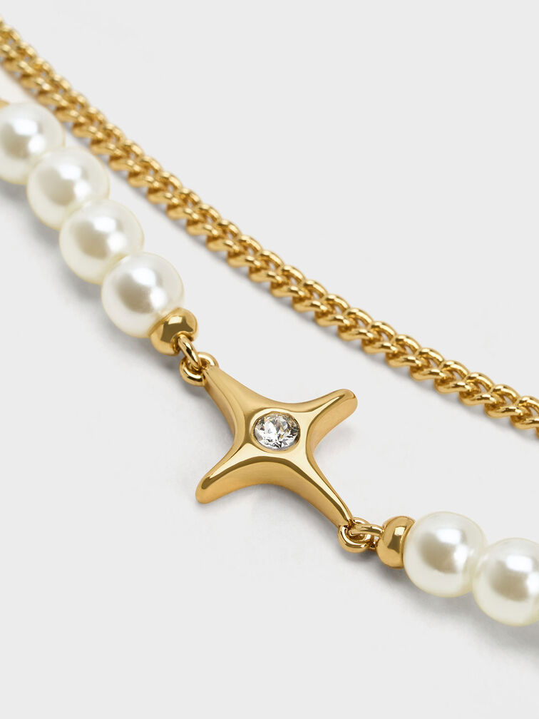 Vòng tay chuỗi xích đôi Star & Pearls, Vàng đồng, hi-res