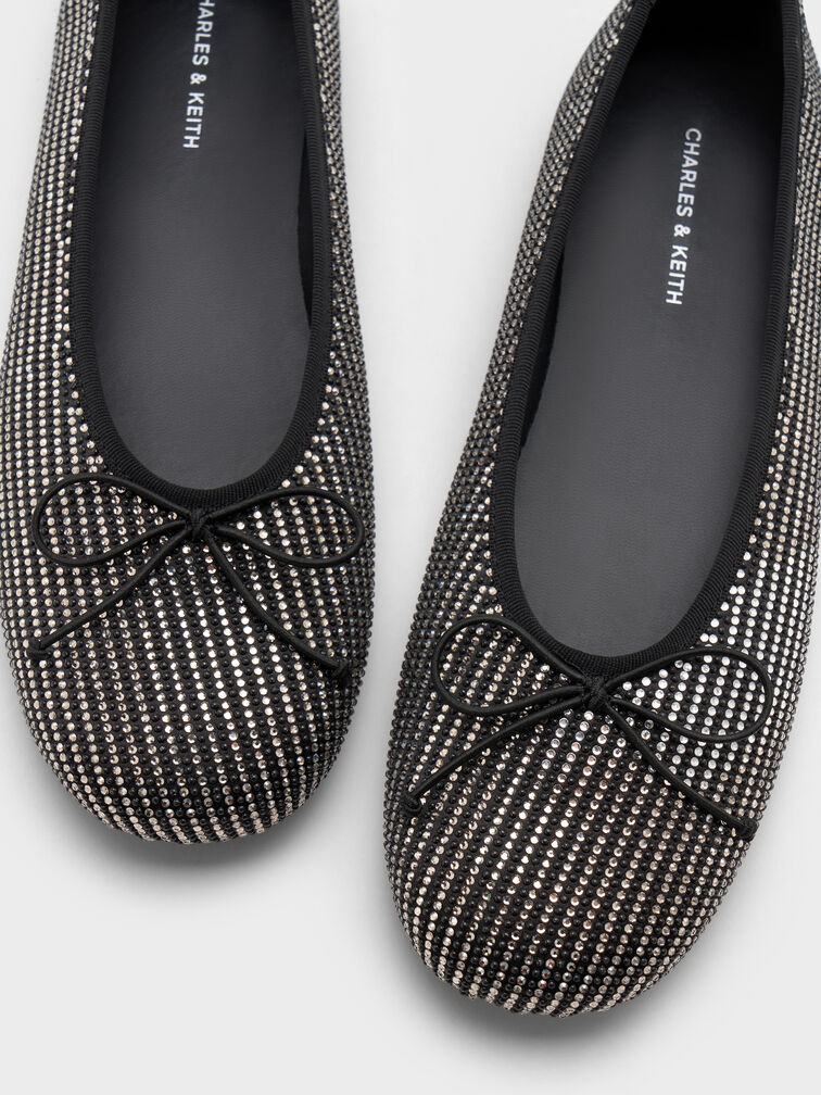 Satin Crystal-Embellished Bow Ballet Flats, Black Textured, hi-res