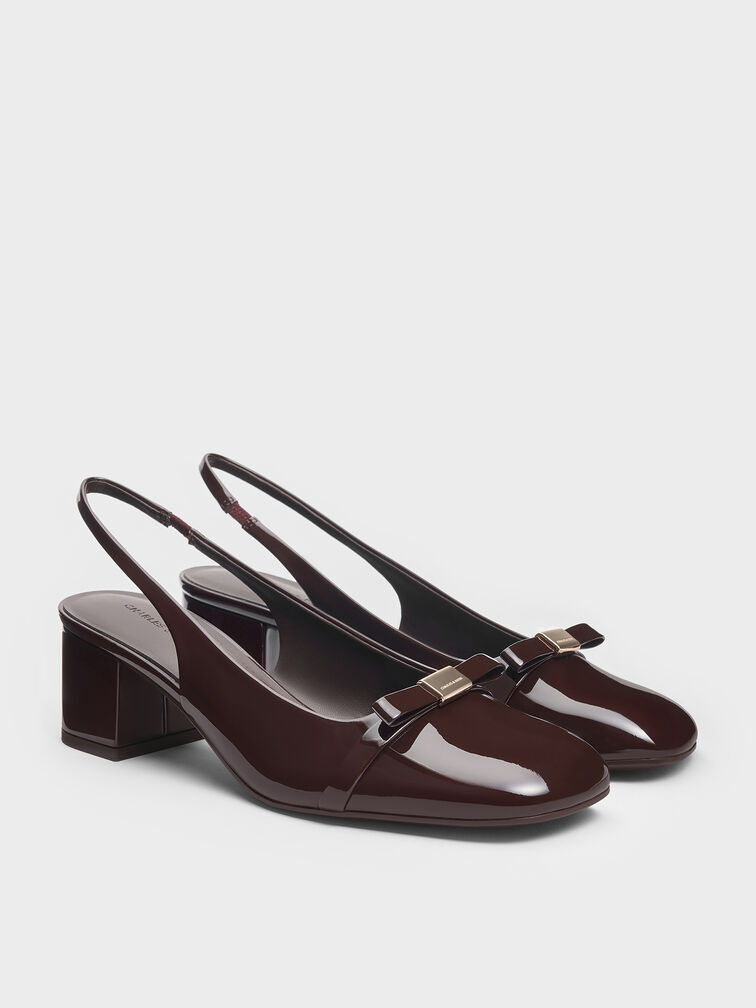 Dorian Patent Bow Block-Heel Slingback Pumps, Dark Brown, hi-res