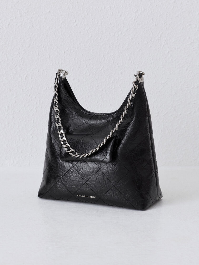 Duo Quilted Front-Pocket Chain Hobo Bag, Noir, hi-res