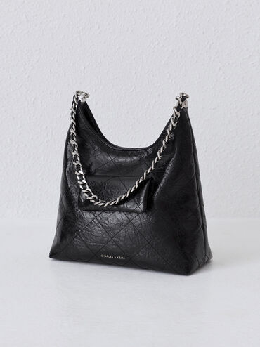 Duo Quilted Front-Pocket Chain Hobo Bag, Noir, hi-res