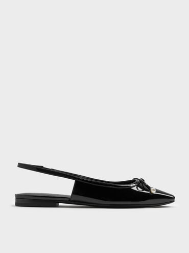Barbara Patent Pearl-Bow Slingback Flats, Black Patent, hi-res