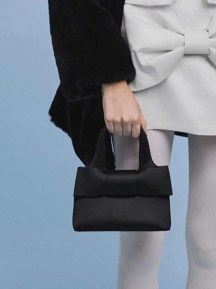 Satin Bow Bucket Bag, Noir, hi-res