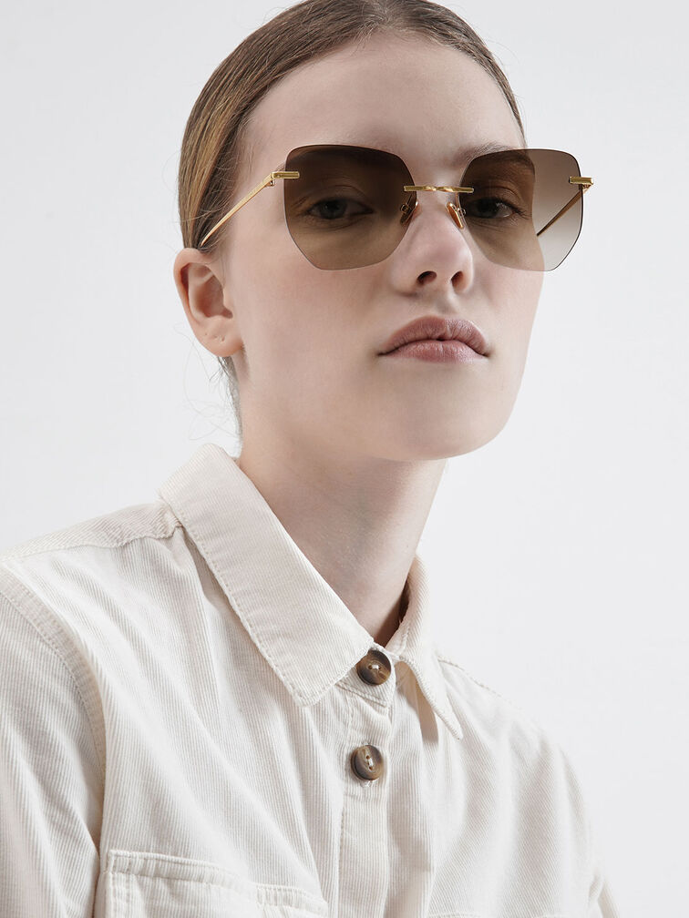 Rimless Geometric Sunglasses, Brown, hi-res