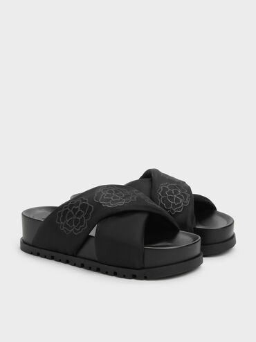 D&eacute;p quai ch&eacute;o Satin Embroidered-Flower, Đen họa tiết, hi-res