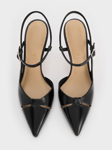 Leather Cut-Out Pointed-Toe Blade-Heel Pumps, Black, hi-res